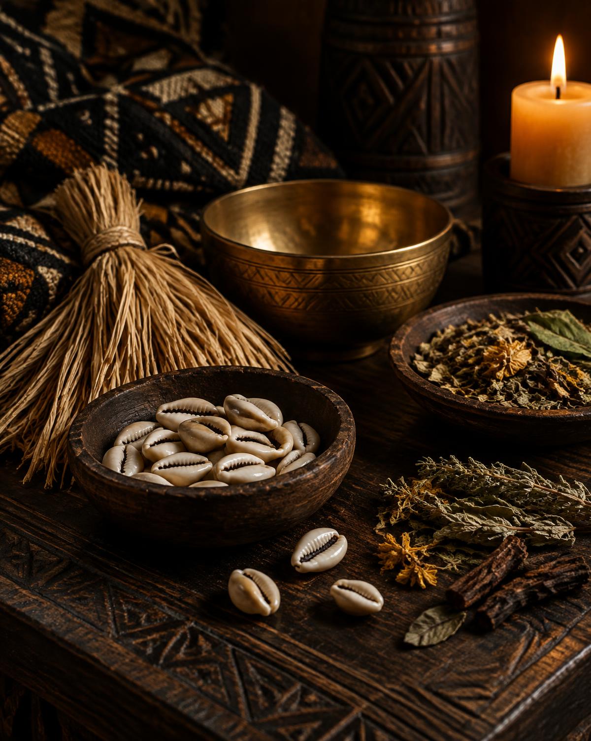 Detalhes de um altar africano com caurís, ervas, ráfia, madeira entalhada e uma taça em latão
